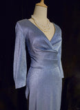 Shiny Prom Dress V-neck Long Sleeves Pleated Prom Gown Evening Dress Business Dinner Dress Gala Dress HZ0319