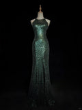 Shiny Prom Dress Crew Neck Sequins Slit Prom Dress Birthday Party Dress Evening Dresses HZ0319