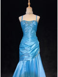Charming Prom Dress Blue Spaghetti Straps Pleated Mermaid Evening Dress Gala Dress Party Dress HZ0319