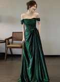 Shiny Prom Dress A Line Off Shoulder Pleated Evening Dress Gala Dress Party Dress HZ0319
