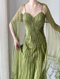 Elegant Prom Dress Green Spaghetti Straps Pleated Gala Dress Evening Dresses HZ0319