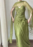 Elegant Prom Dress Green Spaghetti Straps Pleated Gala Dress Evening Dresses HZ0319