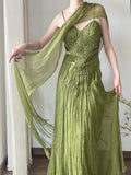 Elegant Prom Dress Green Spaghetti Straps Pleated Gala Dress Evening Dresses HZ0319