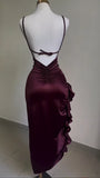 Burgundy Straps Open Back Ruffles Sheath Satin Midi Party Dress HZ0319