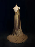 Shiny Prom Dress Gold One Shoulder Gala Dress Evening Dress HZ0319