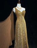 Shiny Prom Dress Gold One Shoulder Gala Dress Evening Dress HZ0319
