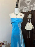 Shiny Prom Dress Blue A Line Spaghetti Straps Evening Dress Gala Dress HZ0319