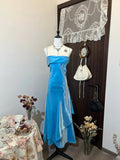 Shiny Prom Dress Blue A Line Spaghetti Straps Evening Dress Gala Dress HZ0319