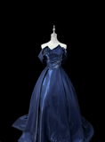Stunning Prom Dress Dark Blue Asymmetrical Neck Pleated Ball Gown Evening Dress HZ0319