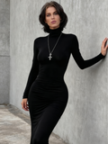 Minimalist Women Dress Black High Collar Casual Dress Daily Work Outfits HZ0319