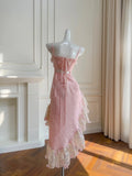 Stunning Prom Dress Pink Spaghetti Straps Lace Asymmetrical Hem Birthday Party Outfits Cocktail Dress HZ0319