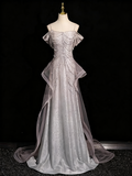 Shiny Prom Dress A Line Spaghetti Straps Tulle Birthday Party Outfits Evening Gown HZ0319