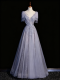 Stunning Prom Dress V-neck Tulle Pleated Birthday Party Outfits Evening Gown HZ0319