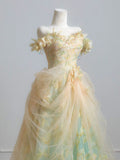 Stunning Prom Dress A Line Off Shoulder Tulle Pleated Print Evening Dress Quinceanera Dress HZ0319