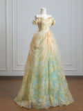 Stunning Prom Dress A Line Off Shoulder Tulle Pleated Print Evening Dress Quinceanera Dress HZ0319