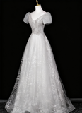 Shiny Prom Dress A Line V-neck Tulle Evening Dress Quinceanera Dress HZ0319