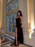 Shiny Prom Dress Black Spaghetti Straps Long Prom Dress Party Dress Cocktail Dress HZ0319