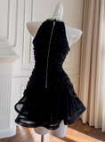 Shiny Homecoming Dress Black Crew Neck Pleated Short Prom Dress Birthday Party Outfits HZ0319