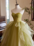 Pretty Prom Dress Spaghetti Straps Tulle Pleated Ball Gown Evening Dress Birthday Party Outfits HZ0319