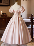 Sweet Prom Dress Pink Crew Neck Pleated Ball Gown Evening Dress Birthday Party Outfits HZ0319
