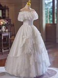 Vintage Wedding Dress Off Shoulder Lace Pleated Wedding Dress HZ0319