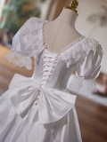 Retro Wedding Dress V-neck Pleated Lace Bowknot Wedding Dress HZ0319