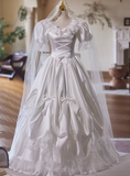 Retro Wedding Dress V-neck Pleated Lace Bowknot Wedding Dress HZ0319