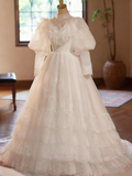 Vintage Wedding Dress High Collar Pleated Lace Wedding Dress HZ0319