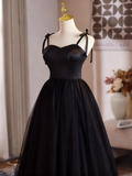 Elegant Prom Dress Black Spaghetti Straps Tulle Pleated Evening Dress Gala Gown HZ0319