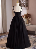 Elegant Prom Dress Black Spaghetti Straps Tulle Pleated Evening Dress Gala Gown HZ0319
