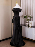Minimalist Prom Dress Black Off Shoulder Pleated Mermaid Evening Dress Gala Dress HZ0319