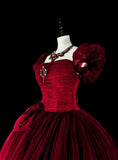 Elegant Prom Dress Wine Red Square Neck Pleated Tulle Ball Gown Evening Dress Birthday Dress HZ0319
