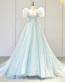 Newest Prom Dress Square Neck Tulle Pleated Ball Gown Evening Dress Birthday Outfits HZ0319
