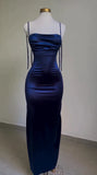 Navy Blue Straps Open Back Ruffles Sheath Satin Long Party Dress HZ0319