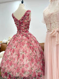 Elegant Prom Dress Crew Neck Pleated Print Evening Dress Quinceanera Dress Ball Gown HZ0319