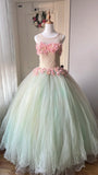New Design Prom Dress Crew Neck Pleated Tulle Flower Ball Gown Evening Dress Quinceanera Dress HZ0319