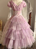 Sweet Prom Dress Short Sleeves Tulle Pleated Evening Dress Gala Dress Birthday Party Dress HZ0319