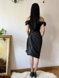 Minimalist Short Prom Dress Satin Black Off Shoulder Pleated Formal Dress Evening Dress Gala Dress HZ0319