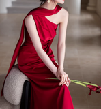 Minimalist Prom Dress Wine Red Asymmetrical Neck Pleated Gala Dress Evening Dress Formal Dress HZ0319