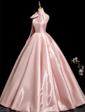 Sweet Prom Dress Light Pink Crew Neck Pleated Evening Dress Quinceanera Dress Ball Gown HZ0319