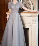 Shiny Prom Dress Short Sleeves Tulle Pleated Gala Dress Evening Dress Formal Dress HZ0319