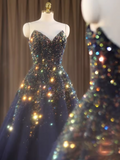 Shiny Prom Dress Dark Blue V-neck Gala Dress Evening Dress Formal Dress HZ0319