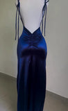 Navy Blue Straps Open Back Ruffles Sheath Satin Long Party Dress HZ0319