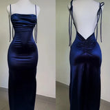 Navy Blue Straps Open Back Ruffles Sheath Satin Long Party Dress HZ0319