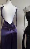 Purple Straps Open Back Ruffles Sheath Satin Long Party Dress HZ0319