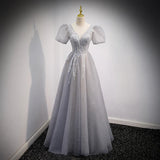 Gray A-Line Sequins Short Sleeves Formal Evening Dress Long Prom Dress HZ0319