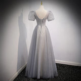 Gray A-Line Sequins Short Sleeves Formal Evening Dress Long Prom Dress HZ0319