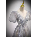 Gray A-Line Sequins Short Sleeves Formal Evening Dress Long Prom Dress HZ0319