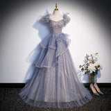 Gray A Line Prom Dress Puff Sleeves Formal Evening Dress Sweet Party Dress HZ0319