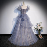 Gray A Line Prom Dress Puff Sleeves Formal Evening Dress Sweet Party Dress HZ0319